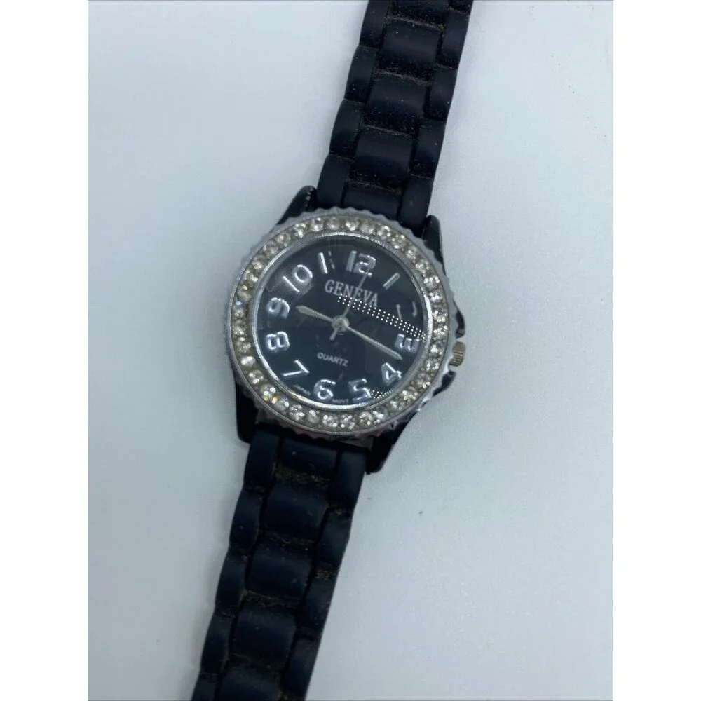 Geneva Wristwatch Women’s Rhinestones Encircled Face Black Silicone Band Classic